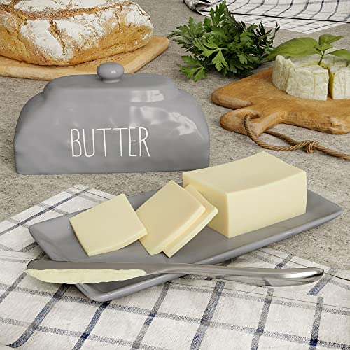 Barnyard Designs Ceramic Butter Dish With Lid For Countertop, Large Butter Holder, Butter Crock For Counter, Covered Butter Dish For Refrigerator, Farmhouse Dishes Kitchen Decor, Grey, 8" X 4" #TOP1