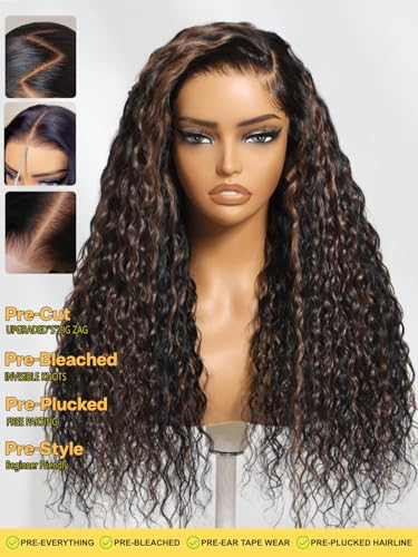 Image of Sunber Bye Bye Knots 7x5 Lace Glueless Water Wave Human Hair Wig 16Inch | Golden Brown Highlights No Slip Wet and Wave Gluless Wig 150% Density Put On Go Pre Bleached Invisible Knots