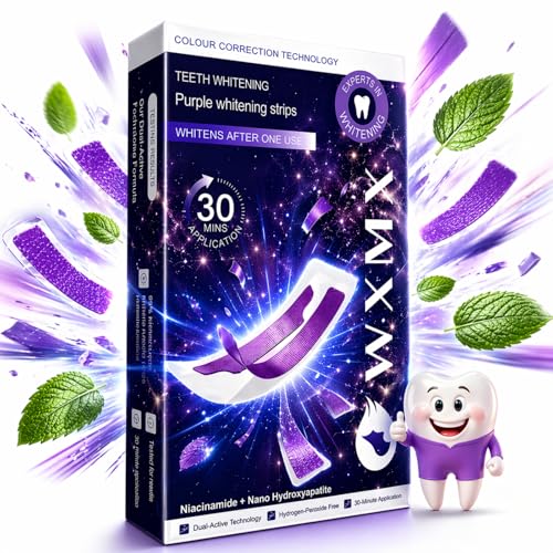 Purple Whitening Strips, 28 Strips Color Correcting Purple Teeth Whitening Strips for Sensitive Teeth, Removes Yellow Stains, Enamel Safe | 30 Min Instant | 90-Day Long-Lasting Results