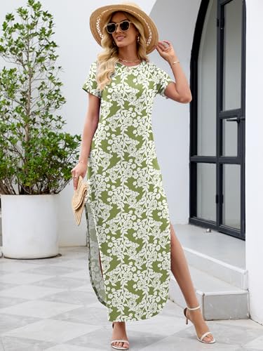 Image of Heymoments Womens Summer Maxi Dress Short Sleeve Casual Loose Long T Shirt Split Vacation Beach Sundress with Pockets