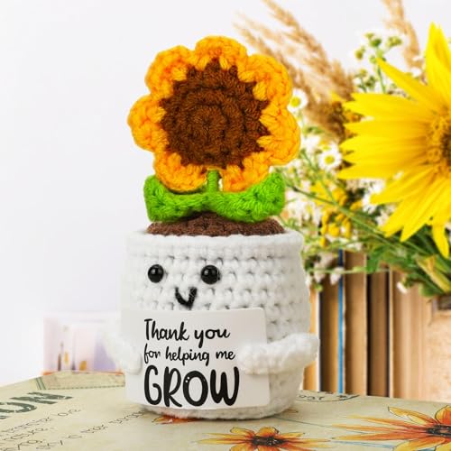 Image of BendJoy Crochet Sunflower Pot with Thank You Card for Women | 7 Petals Crochet Flower for Home, Office Desk & Car Dashboard Decor