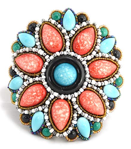 Bracelet fleur rouge perles de porcelaine élastique pour femme et billes de verre