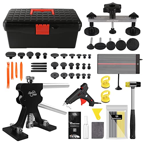 Paintless Dent Repair Tool PDR Kit Adjustable Width Pops a Dent Car Dent Removal Kit with Black Dent Lifter Bridge Puller Yellow Suction Cup Dent Puller & LED Light Board Glue Gun for Automobile Body