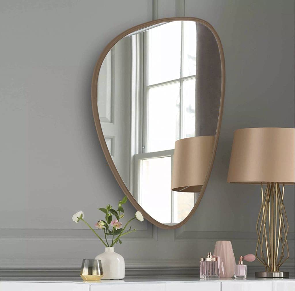Engineered Wood Asymmetrical Oval Wall Mount Mirror with Brown Frame-24x17 Inch |Fancy Decorative Mirror for Bathroom, Living Room, Bedroom & Vanity |Stylish & Durable Modern Home Decor
