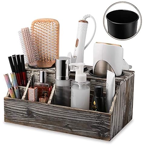 Hair Tool Organiser with 3 Holes, Hair Dryer Holder for Dressing Table | Bath Supplies Tray Stand Storage Vanity & Bathroom, Wall Mount or Sit on Counter, Rustic Grey, Solid Wood Cover