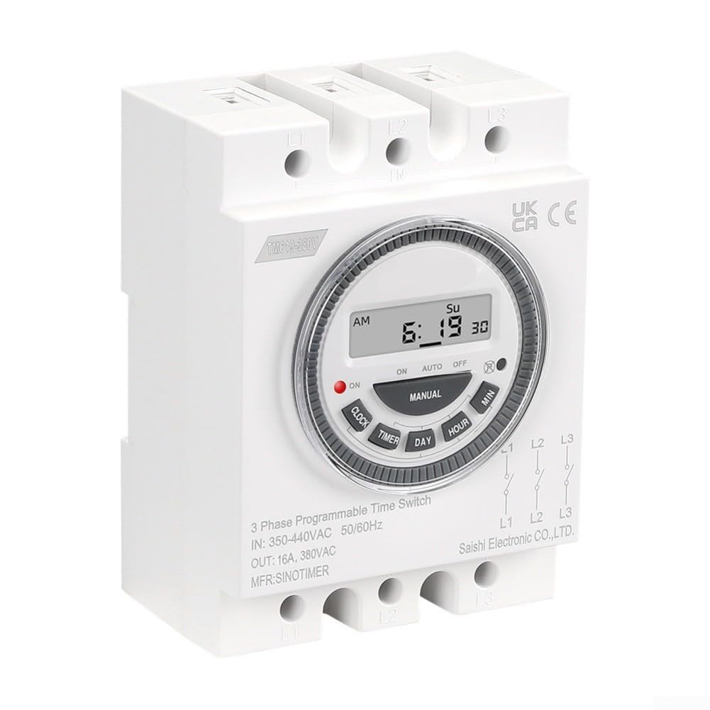 TM619-380V Interruptor Temporizador Programable Trifásico, Controlador de Tiempo Digital de 7 Días, 16A 380VAC, Retroiluminado LCD 18 Modos de Programa