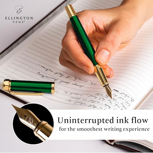 Image of Ellington Pens Luxury Fountain Pen Set - Smooth Medium Nib - Includes 3 Ink Cartridges, Refillable Ink Converter, Box - Fountain Pens For Writing, Calligraphy, Journaling, Sketching (Emerald Enigma)