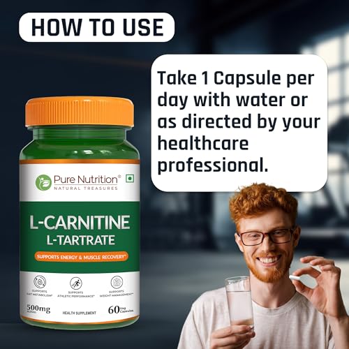 Image of Pure Nutrition L Carnitine L Tartrate | L Carnitine Supplement Capsules for Men & Women | Pre Workout Supplement | Fat Burner & Energy Booster | Supports Fat Metabolism, Muscle Recovery & Performance - 60 Veg Capsules