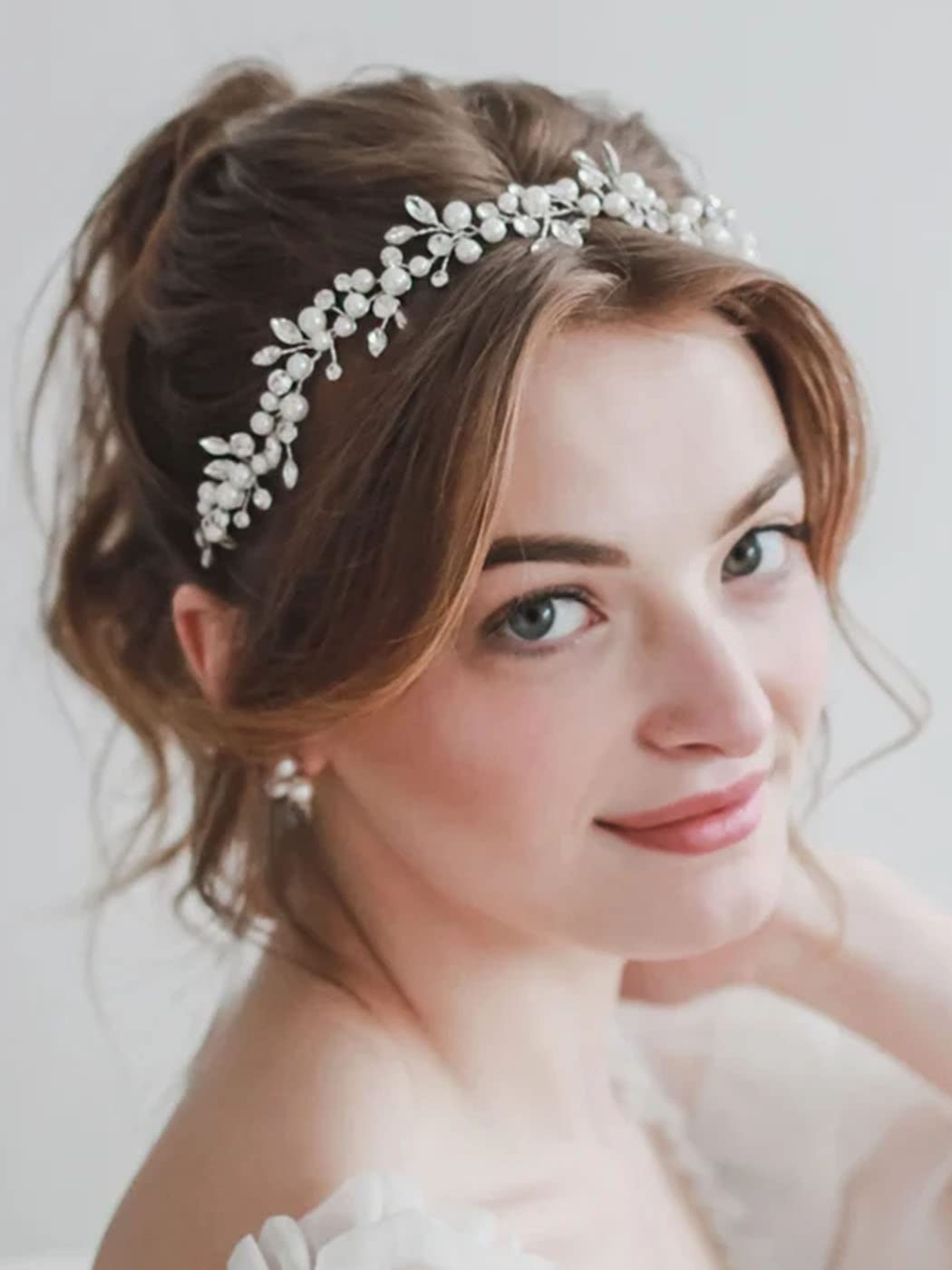 JAKAWINBride Pearl Wedding Hair Vine Silver Headband Crystal Hair Piece Bridal Headpiece Hair Accessories for Women and Girls HV157 (11.8 In)