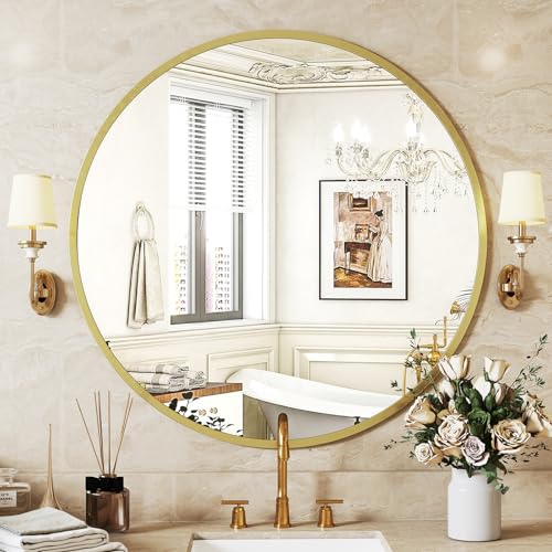 Sweetcrispy Gold Round Wall Mirror 24 Inch, Bathroom Mirrors for Over Sink, Circle Mirror for Bathroom, Entryway, Bedroom, Vanity