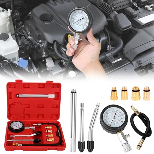 FuxFuis Testeur de Compression Cylindre, Testeur de Compression Moteur, Compressiometre Essence et Diesel 0-300 PSI / 0-20 Bar avec Testeur de Bougie D'allumage et 4 Adaptateurs M10 M12 M14 M18