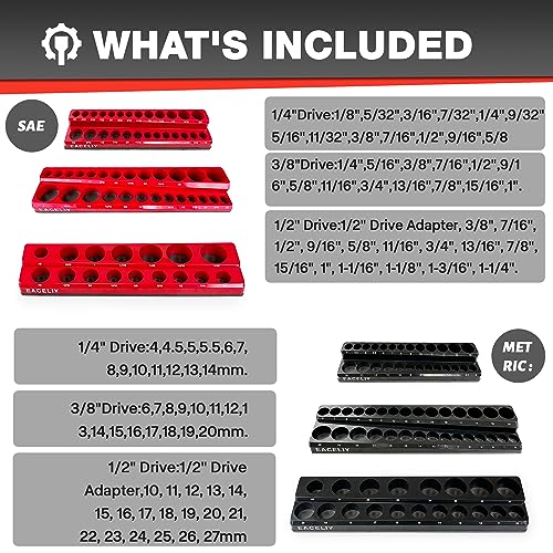 6-Piece Magnetic Socket Organizer Set, 1/2", 1/4" and 3/8" SAE & Metric Deep & Shallow Socket Holder Kit, holds 141 stanard Sockets, attaches to steel box/tool cart (sockets not included)