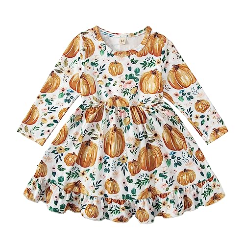Image of Halloween/Thanksgiving Little Girl Dress Pumpkin Long Sleeve Dresses Fall Outfits 2-9T