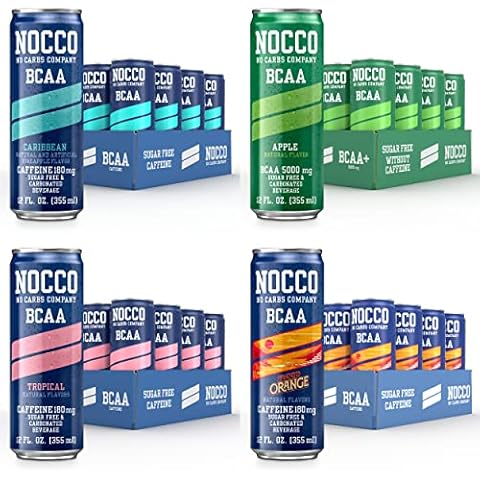 NOCCO BCAA Energy Drink Variety Pack - 12 Count (Pack of 48) - Sugar Free Caffeinated & Decaf Drink - Carbonated & Low Calorie with BCAAs, Vitamin B6, B12, & Biotin - Grab & Go Performance Drinks Cover