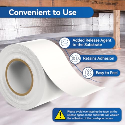 Image of Vapor Barrier Tape with Release Liner, 9 Mil Easy-to-Use Polyethylene Moisture Vapor Barrier Seam Tape for Crawl Space, Repairs, Underlayment, Waterproof, 3.6 inch x 180', 2 Rolls, White