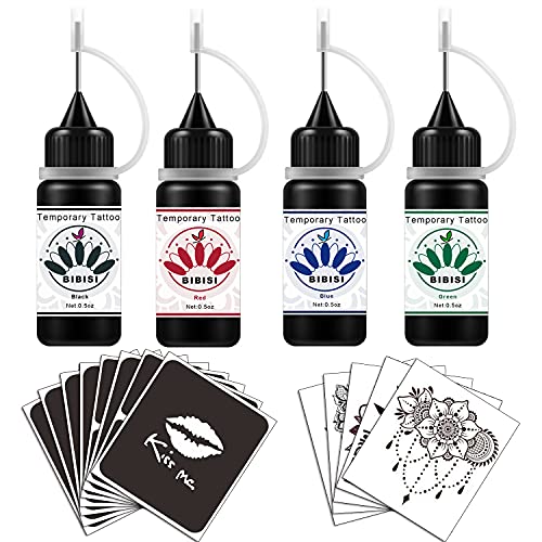 BiBiSi Temporary Tattoo Kit Semi Permanent Tattoo Ink Jagua Gel, 33Pcs Tattoo Stencils 5Pcs Water Transfer Tattoo Stickers, Bottled Ink Body Art Paint DIY Fake Tattoos for Women Kids Men (black/red/blue/green)