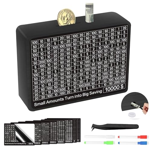 Wooden Money Saving Box,Piggy Bank for Adults Kids,Cash Savings Challenge Box,Money Saving Box with 10000 Dollars Target,No Install Required,Convenient and Practical (Black)