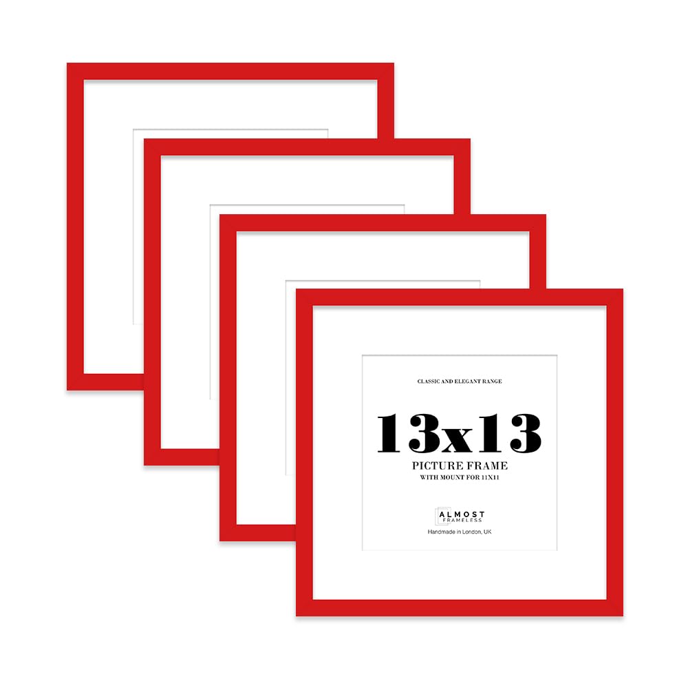 13x13 Red Picture Frame with Mount for 11x11 Photos, Prints - Modern Square Wall Frame, Set of 4