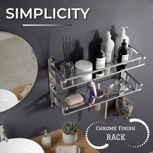 Image of GLOXY Premium Stainless Steel Bathroom Shelf Combo Pack of 3 | Chrome Finish Bathroom Accessories Set with Soap Holder, Toothbrush Holder & Storage Shelves | 4 in 1 Wall Mounted Bathroom Organizer