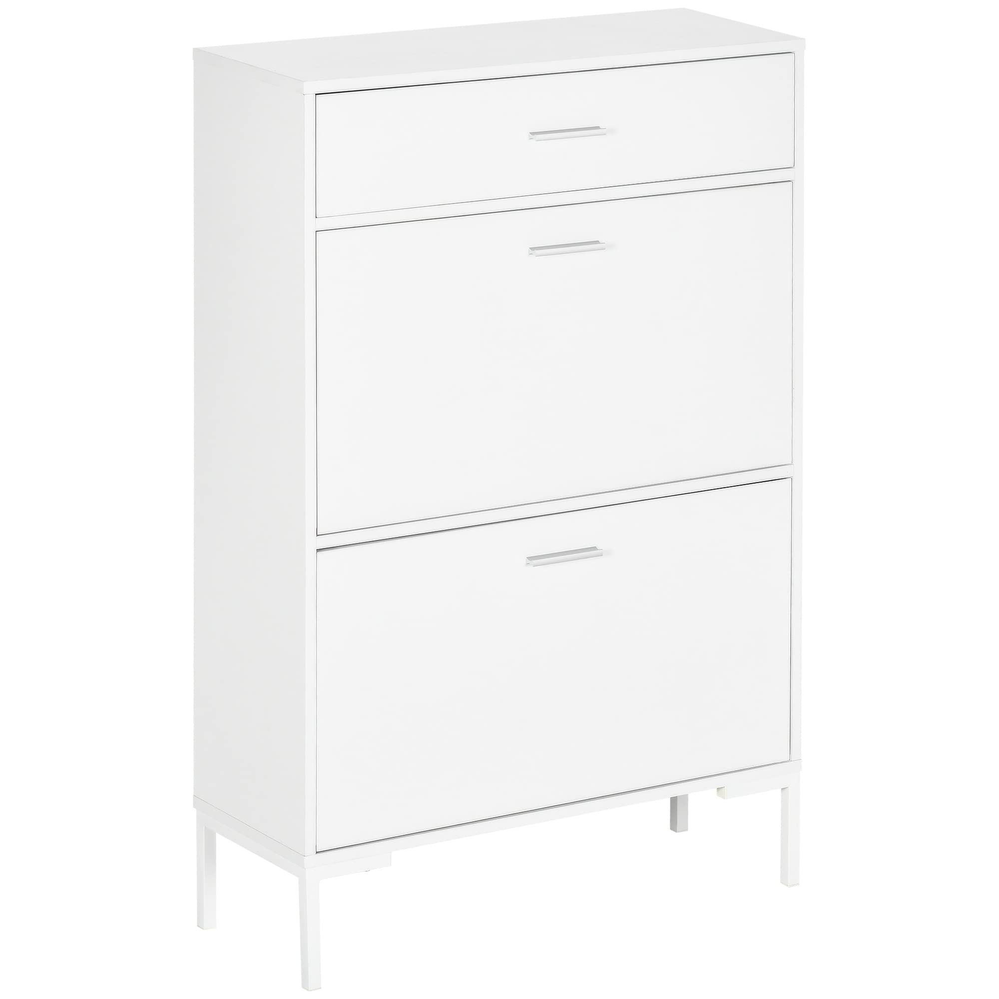HOMCOM Mobile Portascarpe, Scarpiera Moderna per 12 Paia di Scarpe con 2 Ante a Ribalta e Cassetto, in Truciolato, MDF e Metallo, 75x26x110 cm, Bianco