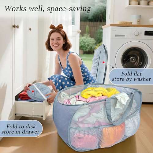 Image of Collapsible Laundry Baskets 2 Pack, Mesh Pop Up Hamper with Handles, Portable Stair Basket, Dorm or Room Folding Bin, Dirty Clothes Hamper Light Breathable. Grey. 2H