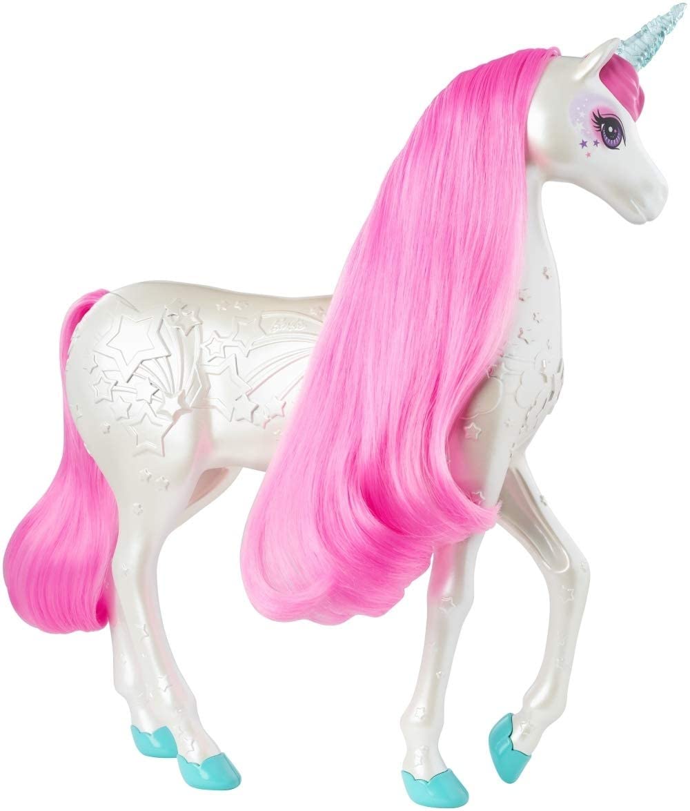 Barbie Dreamtopia Jednorożec Magiczne Włosy ze światełkami i dźwiękami, biały z różową grzywą i ogonem, wspaniały prezent dla dzieci w wieku 3–7 lat, GFH60
