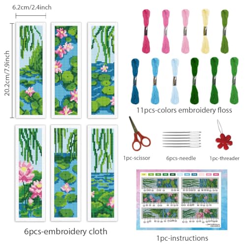 Image of INFUNLY 6 Set Water Lilies Cross Stitch Bookmark Kits 8 inchx2.4 inch DIY Willow Tree Embroidery Bookmark Kits for Beginners with Instruction Lotus Flowers Bookmark Making Kit for Book Lovers Readers Gifts