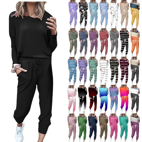 2 Piece Sets for Women Fall Lounge Long Sleeve Pajama Two Piece Travel Outfits Sweatsuits Winter Jogging Matching Set Black