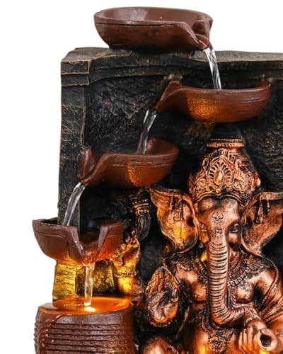 Image of UAG Exports Tabletop Indoor Water Fountain /Waterfall 4-Diya Ganesha Fountain with LED Light & Water Flow Controller Pump for Home Decor, Office, Bedroom, Gifting (Size: 40x30x22CM | Weight: 2075grm)