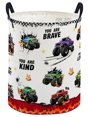 Image of ESSME Laundry Basket,Monster Truck Hamper Collapsible Canvas Storage Bin, Cute Hamper,Gift Baskets(Flame Truck)