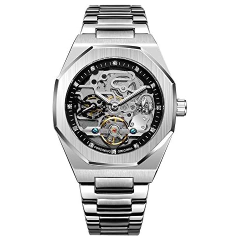 BOLYTE Tourbillon Design Men's Analog Automatic Stainless Steel Wrist Watch Mechanical Skeleton Male Clock Cover