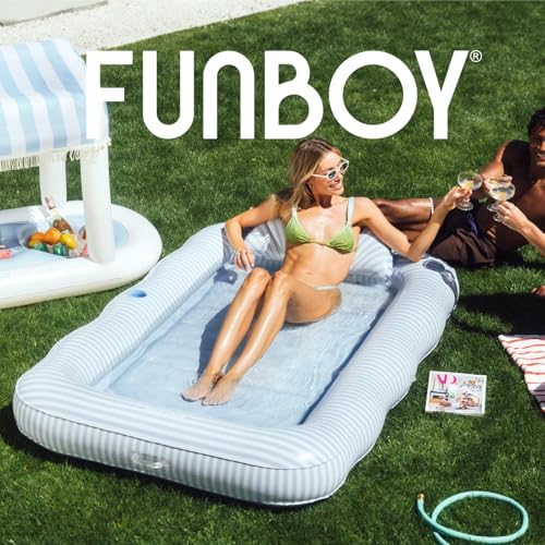 FUNBOY Blue Stripe XL 72"x48" Luxury Inflatable Tanning Pool Lounger Float for Adults, with Custom Pillow, Large Cup Holder & Handles, for Backyard, Beach & Lake Summer Outdoor Use — view 7