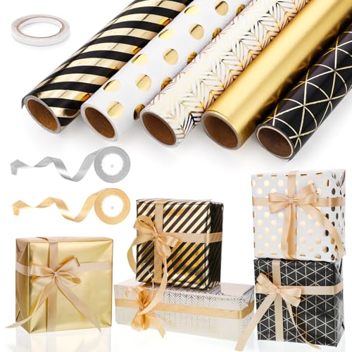woric 5 Rollen Geschenkpapier Set, 43cm x 3m Geschenkpapier Geburtstag Geschenkpapier Schwarz Gold Geschenkpapierrolle mit Schleifenband Gold für Kindergeburtstag Hochzeit Abschluss Babyparty