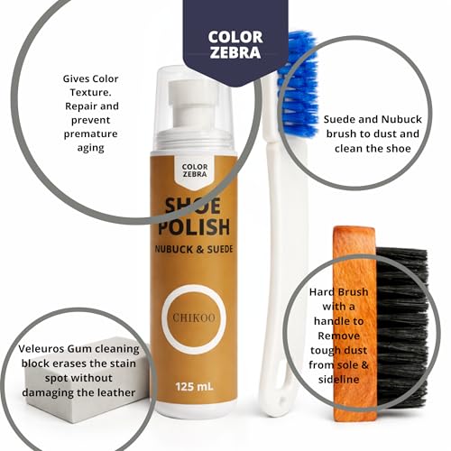 Image of Color Zebra Nubuck & Suede Shoe Polish and Shoe Care Kit | 125 ML Renovator with Handled Brush, Wooden Suede Brush & Cleaning Block