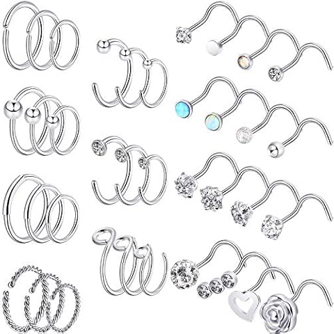 Chinco 40 Pieces Stainless Steel Nose Hoop Ring Tragus Nose Studs CZ Cartilage Nose Hoops Piercing for Women Men Cover