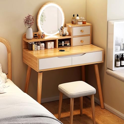 Moderno juego de tocador de maquillaje con 3 modos de iluminación de color, 2 cajones, taburete tapizado, elegante mueble de dormitorio para mujeres y niñas