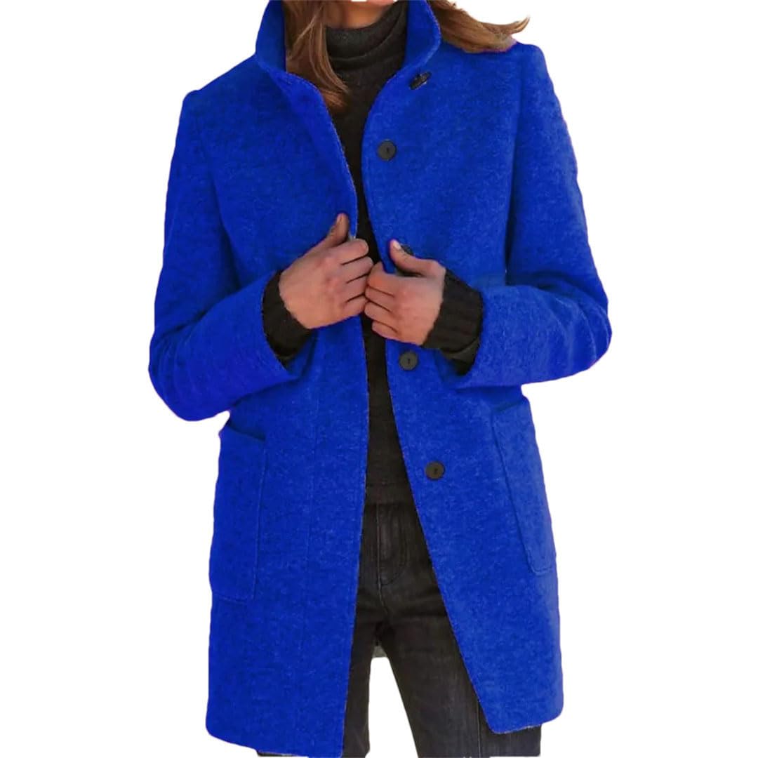 Damen Mantel Einfarbig Knopf Stehkragen Wollmantel Modische Frauen Windjacke Lässiger Dicker Mantel