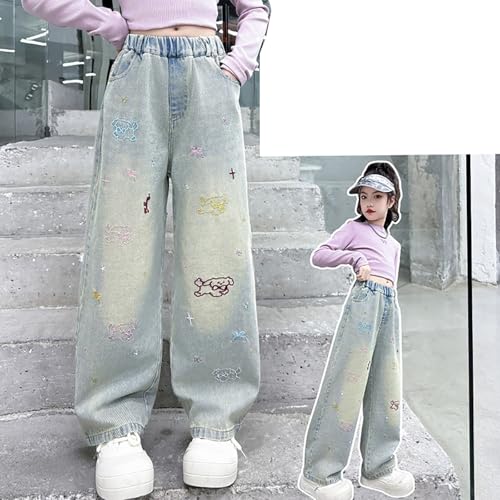Girls Baggy Wide Leg Jeans Cute Pattern Y2K Streetwear Denim Pants High Elastic Waisted Casual Loose Jeans with Pockets4