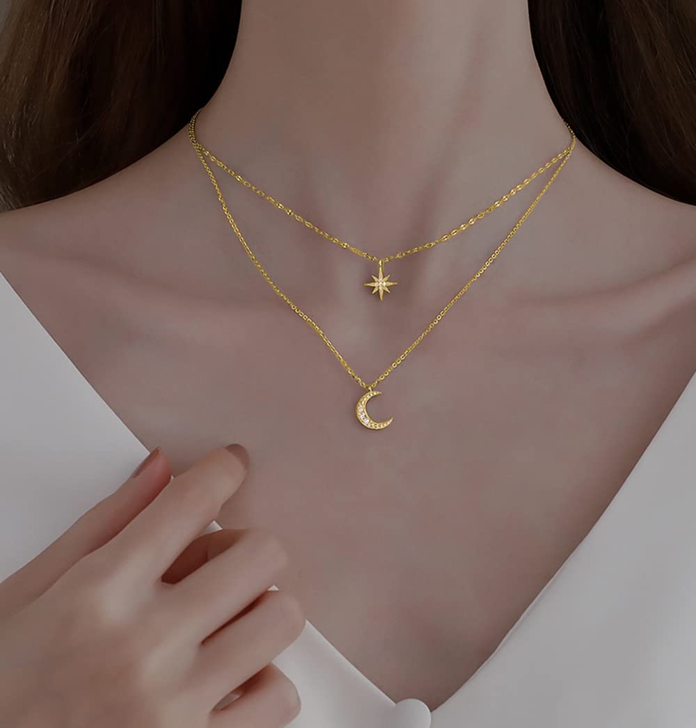 SLUYNZ 925 Plata Esterlina Collar en Capas Cadena Luna Estelar Choker Collar para Mujeres Chicas Adolescentes Gargantilla Cadena Capas
