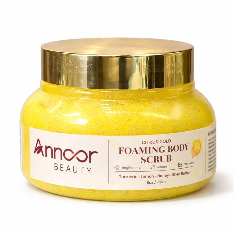 Citrus Gold Foaming Sugar Body Scrub by Annoor Beauty with Lemon, Turmeric, Honey & Shea Butter – Exfoliating & Moisturizing Body Polish for Glowing Skin, 8 oz / 250 ml