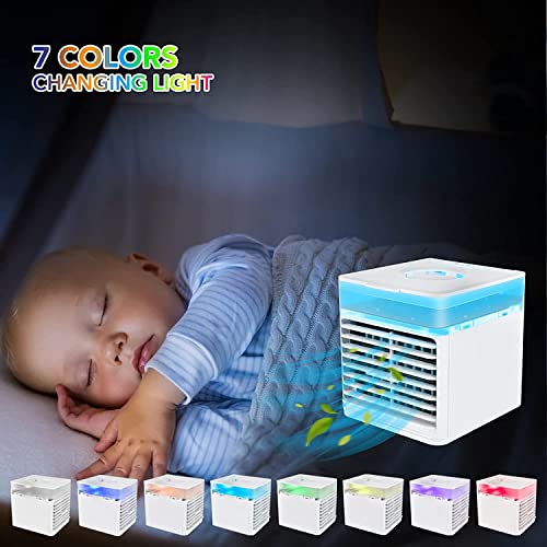 Mini Climatiseur Mobile, 3 en 1 Refroidisseur d'air Portable USB Ventilateur une Veilleuse 7 Couleurs, Humidificateur à évaporation, avec Minuterie 2/4/6 H, 3 Vitesses, pour Bureau Chambre Couche - Image 6