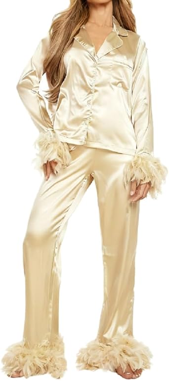 FEORJGP Womens Feather Trim Pajamas Set Sleepwear 2 Piece Long Sleeve Shirt with Pants 2Pcs Bridal Pjs Set for Holiday Party