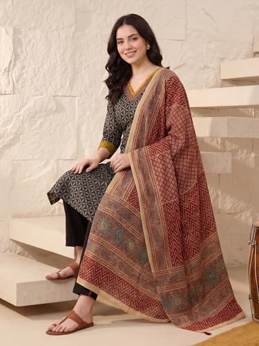 Image of INDO ERA Women's Pure Cotton Abstract Printed Mirror Work Kurta & Pant with Dupatta Set (IEAI13205)|Cotton Suits For Women With Dupatta