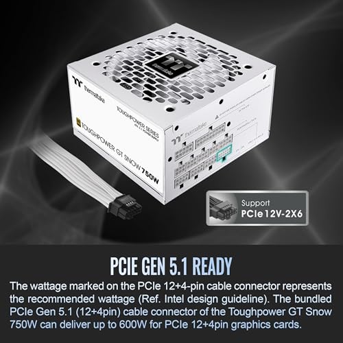 Image of Thermaltake Toughpower GT 750W Snow ATX 3.1 Power Supply; 80 Plus Gold Efficiency; Smart Zero Fan; Native 600W PCIe 5.1 Connector; PS-TPT-0750FNFAGU-W; 5 Year Warranty