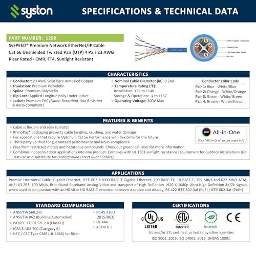 Syston Cable Technology Cat6(e) Ethernet Cable 23AWG 4 pr Solid Bare Copper Bulk Raw 600MHz 50 ft Outdoor/Indoor Heat Resistant Riser Rated CMR Black No Ends 1 Ft to 1000 Ft Available