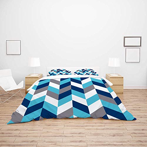 Parure de lit 3 pièces housse de couette 2 taies blanc bleu gris King - 4