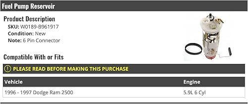 Miniatura 2 de Unidad de envío de depósito de bomba de combustible - 6 pines - Compatible con Dodge Ram 2500 1996-1997 5.9L 6-Cylinder Diesel, W0189-B961917
