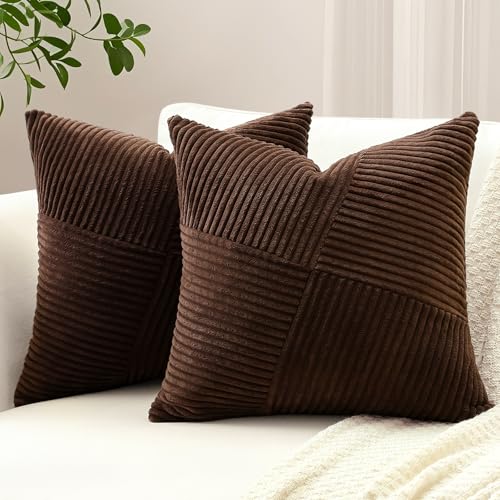 Sungeek Lot de 2 Housse de Coussin 40x40 cm en Velours Côtelé, Housse Coussins Patchwork à Rayures Pinwheel Doux Taies d'oreiller Décoratives pour Lit Canapé...