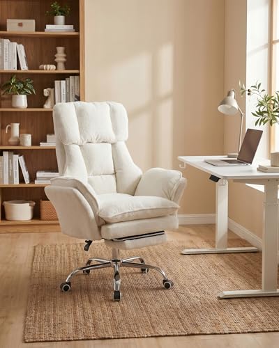 Amveya Chaise de bureau ergonomique, blanche, avec repose-pieds et fonction de couchage à 135 °, charge maximale : 150 kg, chaise de bureau, confortable, pour siège de couture, pivotante en tissu