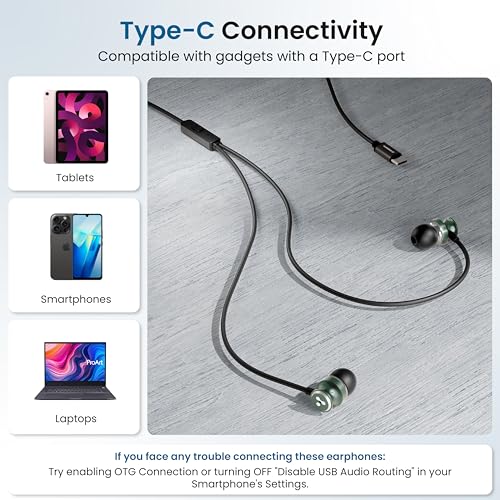 Image of Ambrane Type-C Wired Earphones, 10Mm Bass Drivers, Inline Controls for Type C Smartphones, iPhone 15 & Laptop, 1.2M Braided Anti Tangle Wire with Mic for Clear Calling (Stringz 03, Black) - in Ear